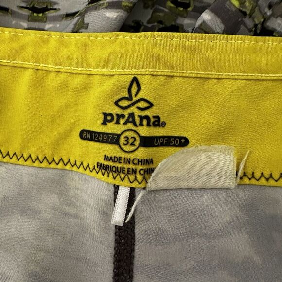 Prana UPF 50+ Board Shorts Swim Trunks Mens Sz 32 Yellow Black Gray Abstract Tie - Picture 7 of 7